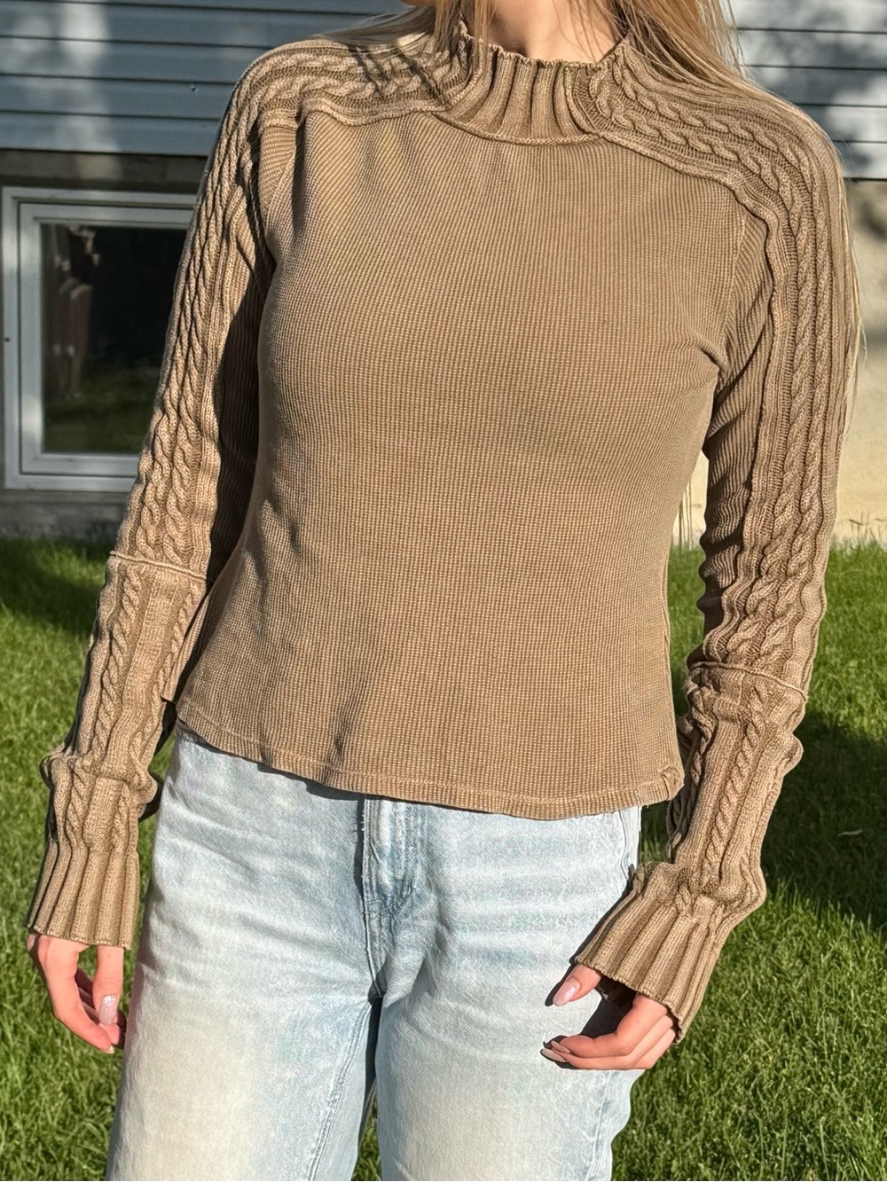 We The Free Breezy Swit Ribbed Cable-Sleeve Long Sleeve Sweater Top Taupe